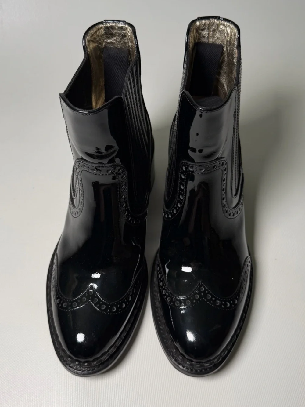 The Office of Angela Scott Patent Leather Wingtip Chelsea Boots - sz 35.5